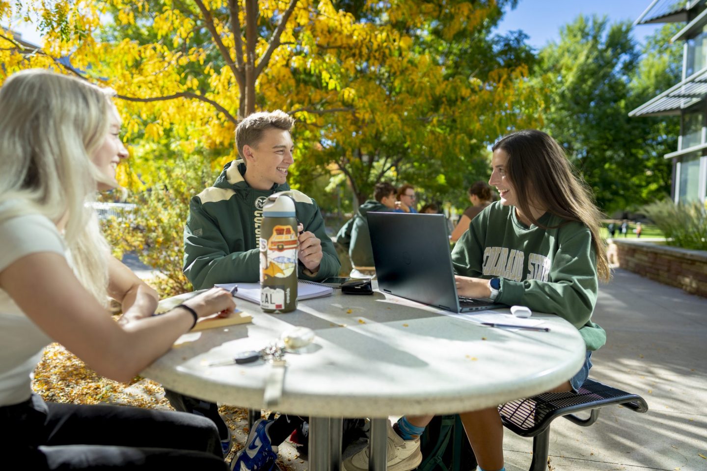 Students talking while sitting around a table outside